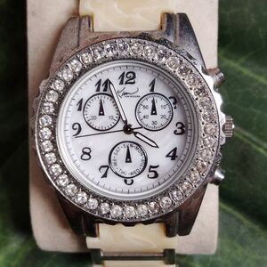 Kim Rogers Crystal-Embellished Silver Watch with Cream Band